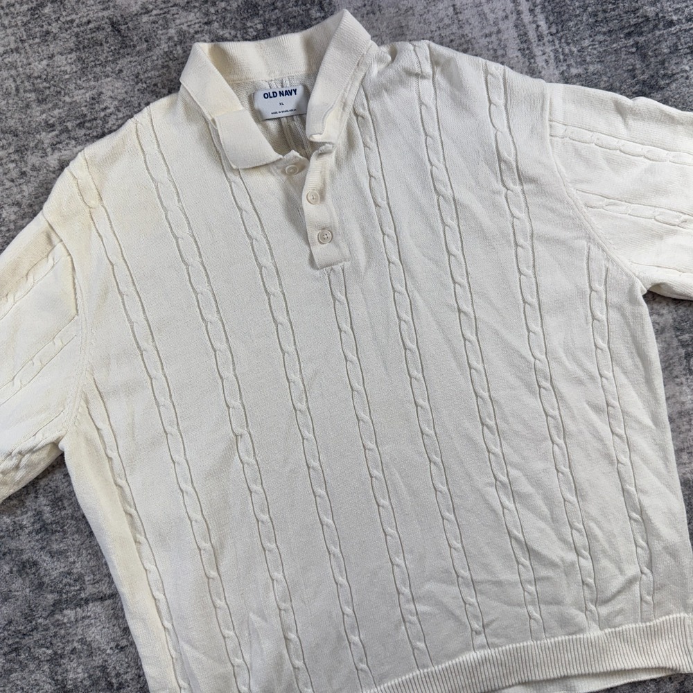 Old Navy Cable Knit Polo Shirt Mens XL Cream Cotton Old Money Quiet Luxury Beach